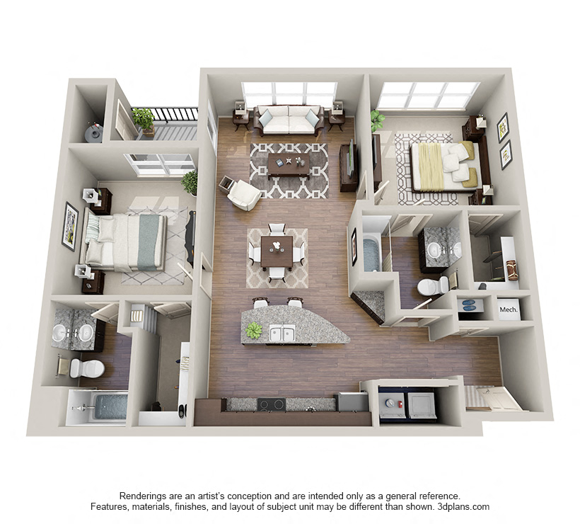 Floor plan for 2 beds, 2 baths, 1266 sqft